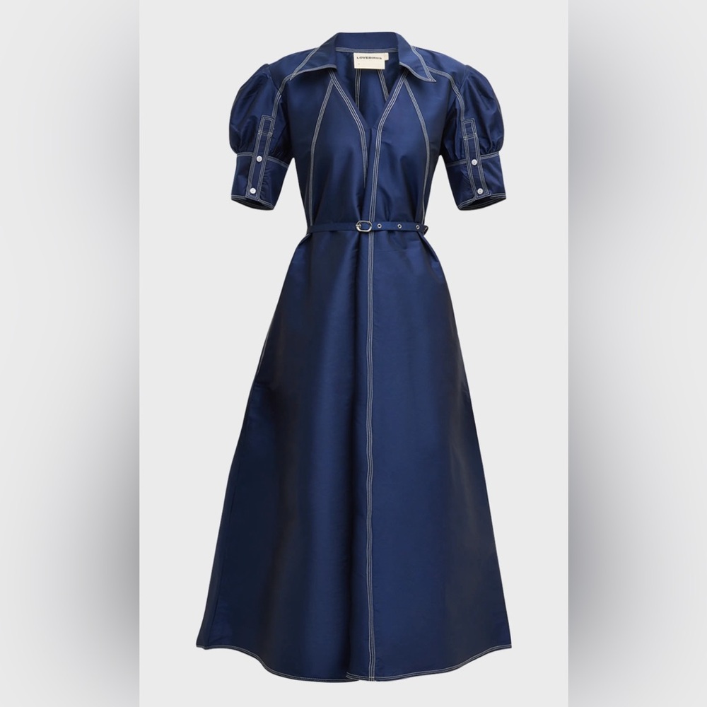 LOVEBIRDS Street Smart Topstich Puff Sleeve Midi Dress (New With Tags)